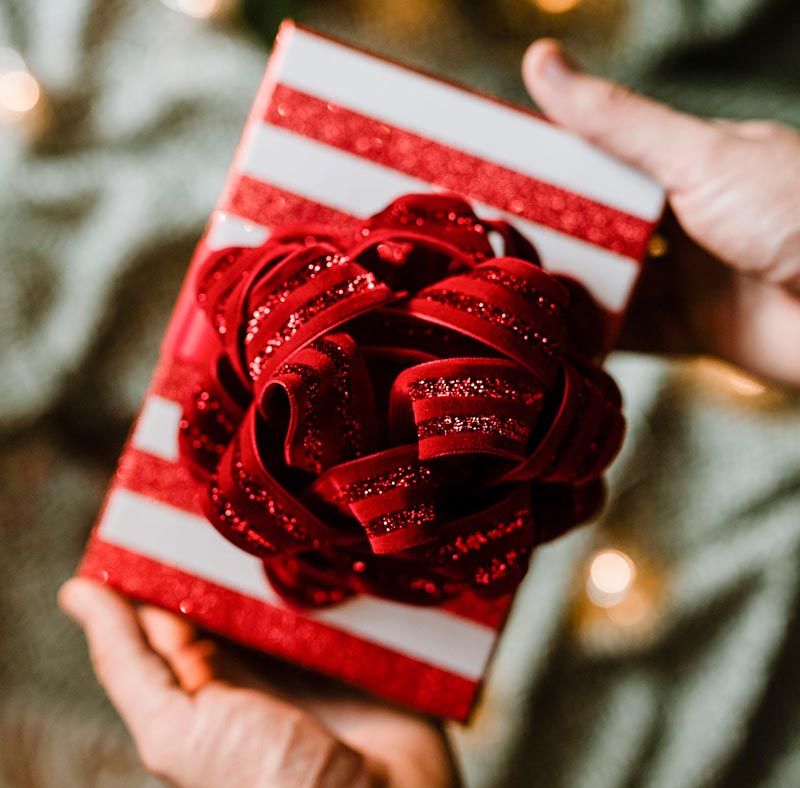 A nicely wrapped present being held in two hands