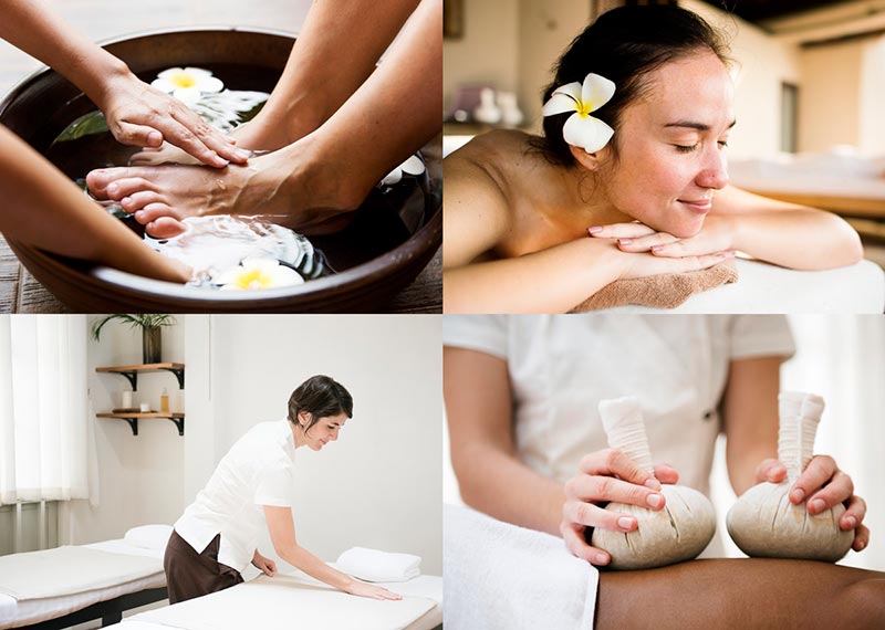 A blissful lady relaxing after her massage; a foot massage; masseuse preparing massage table; massage being performed